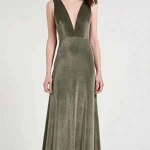 Jenny Yoo Logan Deep-V Velvet Column Gown Sage Green Bridesmaid or Formal Event